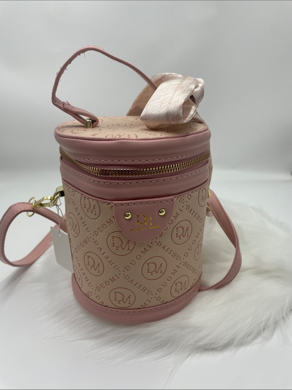 Monogram Pink Round Cosmetic Crossbody Case with Bow Accent 66203